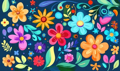 Poster - Colorful flat style 2D cartoon illustration featuring flowers swirls stars and leaves on a vibrant blue background Ideal for greeting cards Valentine s Day or wedding invitations Cheerful design p