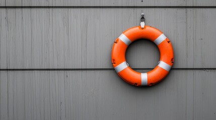 vibrant orange life preserver hanging on gray wall - contrast and safety concept