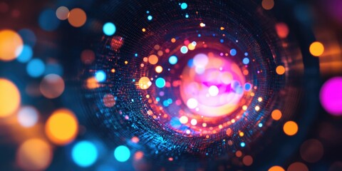 Poster - Abstract neon background featuring shimmering circles and particles creating a visually captivating illustration