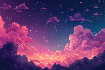 Canvas Print - vibrant pink dreamy sky with shining stars and moving clouds pixel art background