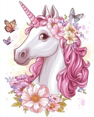 Adorable white unicorn with a pink horn and vibrant mane adorned with flowers and butterflies 2D cartoon illustration perfect for card shirt print or sticker design