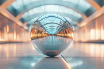Poster - Stunning reflection of a large glass sphere in an abstract modern and luxurious 3D rendering showcasing unique graphic design elements for high quality visuals