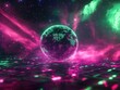 © NFTNexus - Fantasy neon pink and green illuminated glitch planet with a starry nebula backdrop featuring a 3D disco ball illustration of Earth galaxy and dynamic light beams