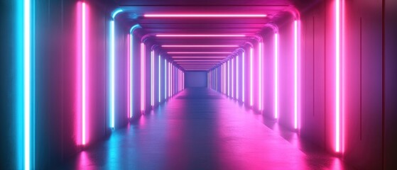 Poster - Futuristic abstract tunnel featuring vibrant neon lighting created through 3D illustration