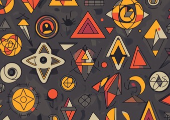 Poster - Geometric 2D cartoon line illustration featuring various shapes including triangles circles squares hexagons and pentagrams