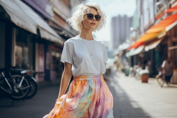 A woman wearing a gray shirt and colorful skirt walks down a street