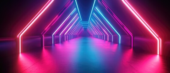 Poster - Futuristic abstract tunnel featuring vibrant neon lighting created through 3D illustration
