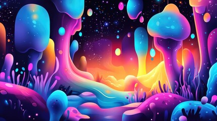 Poster - Fantasy neon abstract backdrop featuring a colorful 2D cartoon style illustration