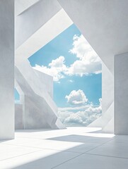 Poster - Surreal 3D rendering of white minimal architecture showcasing geometric shapes featuring an imaginative design with a panoramic view open space blue sky and clouds
