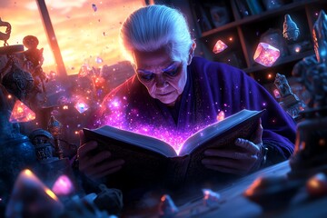Aufkleber - A wise old witch reading a spellbook in her cluttered attic, filled with glowing crystals and ancient artifacts. The sun sets outside the window, casting warm pink and orange light on her deep
