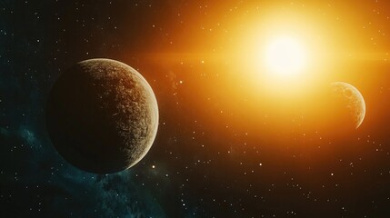 Poster - Close up of two planets in space with a distant sun emerging from behind Fantasy and sci fi composition 3D rendering