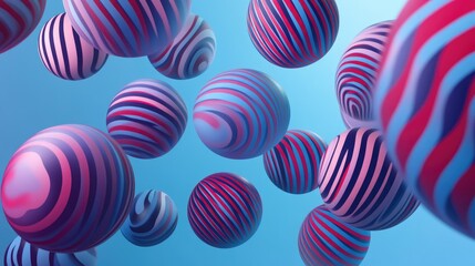 Poster - Striped spheres appear against a blue backdrop featuring a burgundy web silhouette Abstract space design 3D rendering