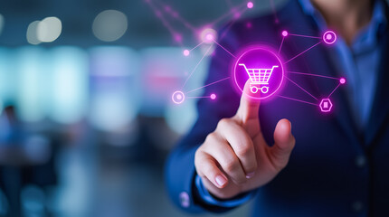 Poster - A person in formal attire is touching a virtual shopping cart icon with their finger, indicating engagement with e-commerce technology in a contemporary workspace