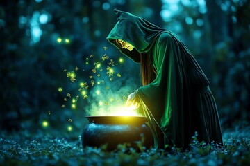 Poster - A witch dressed in a dark green cloak, standing by a bubbling cauldron in the middle of an enchanted forest. The light from the cauldron casts an eerie glow on her face as glowing herbs float