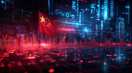 Poster - China flag in digital futuristic cityscape with data visualization