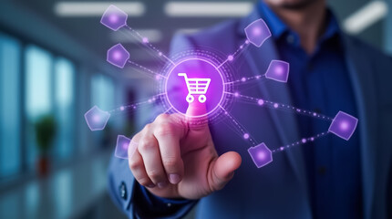 Poster - A businessman touches a glowing digital shopping cart icon surrounded by connected elements, illustrating an advanced online shopping experience in a contemporary office