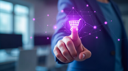 Poster - A business professional touches a virtual shopping cart icon, illustrating the integration of technology in commerce. The atmosphere is bright and modern