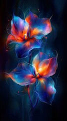 Poster -  A vibrant painting featuring three colorful flowers against a dark backdrop, with the blue-and-red hues of a flower dominating the right side