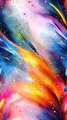 Poster -   A vibrant painting featuring a richly hued background and numerous splattered paint strokes at the image's base
