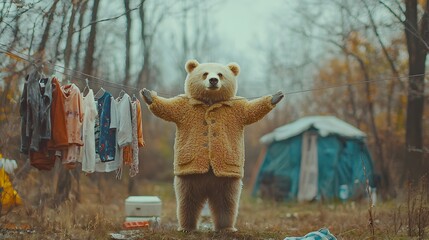 Poster - A bear casually hanging its fur coat on a clothesline in a peaceful forest clearing creating a serene and tranquil scene