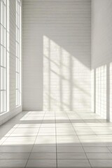 Poster - The minimalistic white brick wall with shadows from natural light creates a clean and modern background design.