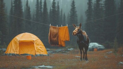 Aufkleber - A Moose s Brown Fur Hanging on a Clothesline Strung Between Trees in the Peaceful Wilderness