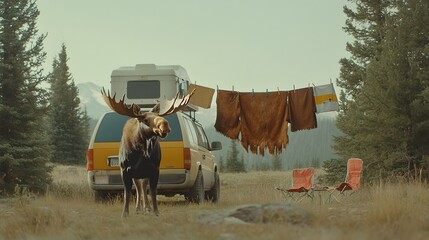 Aufkleber - A majestic moose stands in the wilderness its brown fur hanging on a clothesline strung between the trees creating a serene and rustic scene in the natural landscape