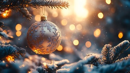 Poster - 3d Christmas ornament with intricate designs hanging from a fir tree decorated with bright lights and a snowy winter background