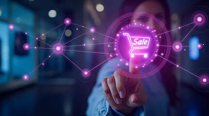 Poster - A woman reaches out to touch a glowing virtual shopping cart icon that indicates a sale, showcasing the intersection of technology and retail