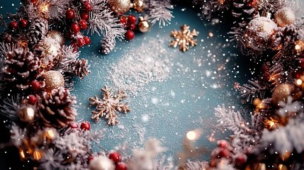   A close-up of a wreath on a blue surface, adorned with snowflakes and Christmas decorations