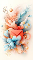 Canvas Print -   A red envelope with a blue flower and gold coins on a white background, adorned with a blue feather, and another red envelope with the same design