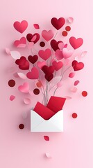 Wall Mural -   Hearts fly from an envelope as a batch of red and pink hearts emerge