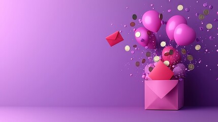 Wall Mural -  A pink envelope with balloons and confetti emerging from it against a purple backdrop, featuring another pink envelope and confetti extruding from it