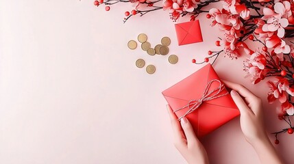 Wall Mural -   A woman holds a red letter, surrounded by roses and coins on a pink backdrop