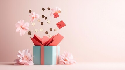 Wall Mural -   Blue gift box with pink flowers and confetti on a pink background