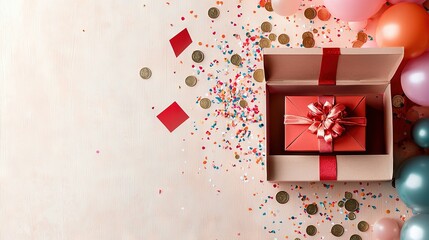 Wall Mural -  A gift box with a red ribbon and bow, encircled by confetti, balloons, and streamers