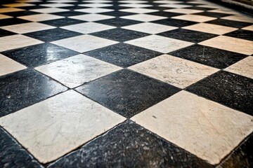 Poster - Black and white checkerboard floor with sharp geometric lines, high contrast, background, classic design.