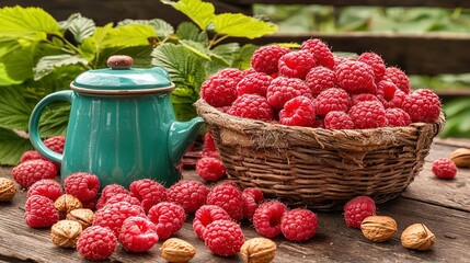 Wall Mural -   Baskets of raspberries and almonds beside a tea pot of raspberries