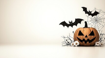 Wall Mural -   Jack-o'-lantern pumpkin with bats and flowers in front of white wall with spider web