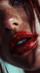 Wall Mural -   A photo of a woman with a close-up of her face, featuring red glitter on her lips and green eye shadow