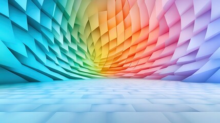 Poster -   A colorful abstract background, white floor, and rainbow-colored wall are at the center of the room