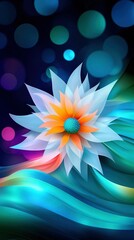 Poster -   Painting of a White Flower with a Blue Center on a Blue-Green-Yellow Background with Circles