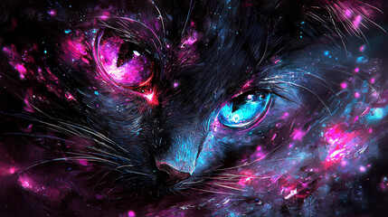 Wall Mural -   A zoomed-in picture of a black cat's face with piercing blue eyes and surrounded by vibrant pink and purple celestial bodies