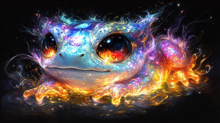 Poster -   A digital painting of a frog with glowing eyes and a vibrant pattern on its skin, set against a dark canvas