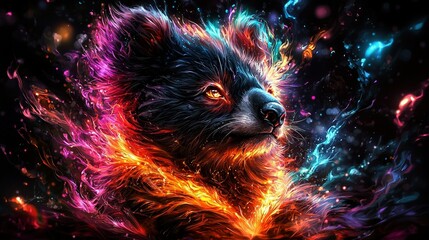   A focused image of a bear against a dark backdrop, illuminated by vibrant eye-light