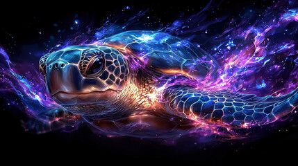 Poster -   A stunning digital painting showcases a graceful sea turtle swimming amidst vibrant shades of blue, purple, and pink, set against a black backdrop