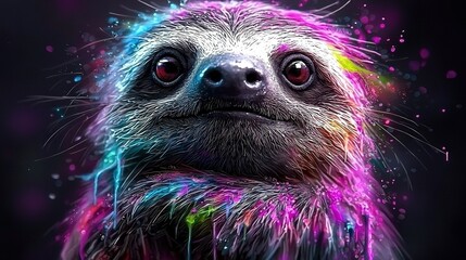 Canvas Print -   A close-up of a sloth's face with vibrant paint splatters on its face