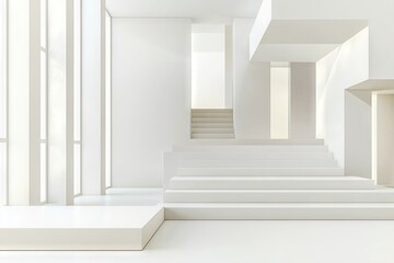 Poster - A light white abstract stage with simple lines, corners, and polygonal background on a white wood shelf for advertisement, presentation products, or design in an elegant futuristic geometric style.