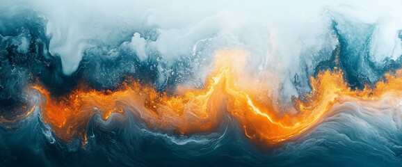 Wall Mural - Abstract fluid art with vibrant orange and blue hues creating a dynamic visual flow.