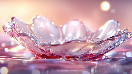 Wall Mural -   A close-up of a pink and white flower with water droplets on its petals against a pink background